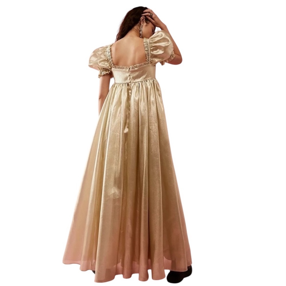 Selkie The Seashell Gown in Gold Medium Babydoll Puff Sleeve Regency Style - Picture 3 of 15